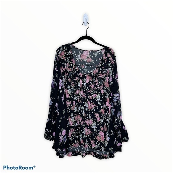 Free People Loretta Floral Ruffle Boho Tunic Top Black Pink Size Small - Picture 5 of 15